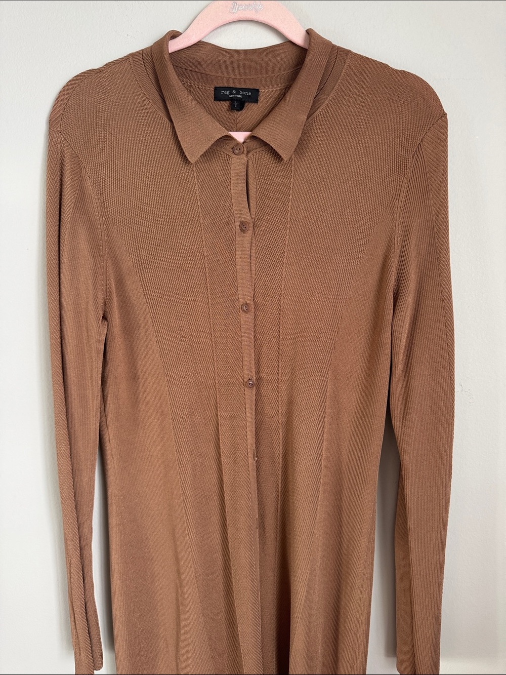 Rag & Bone Ribbed Knit Midi Shirt Dress Brown Size L Quiet Luxury - Picture 4 of 10